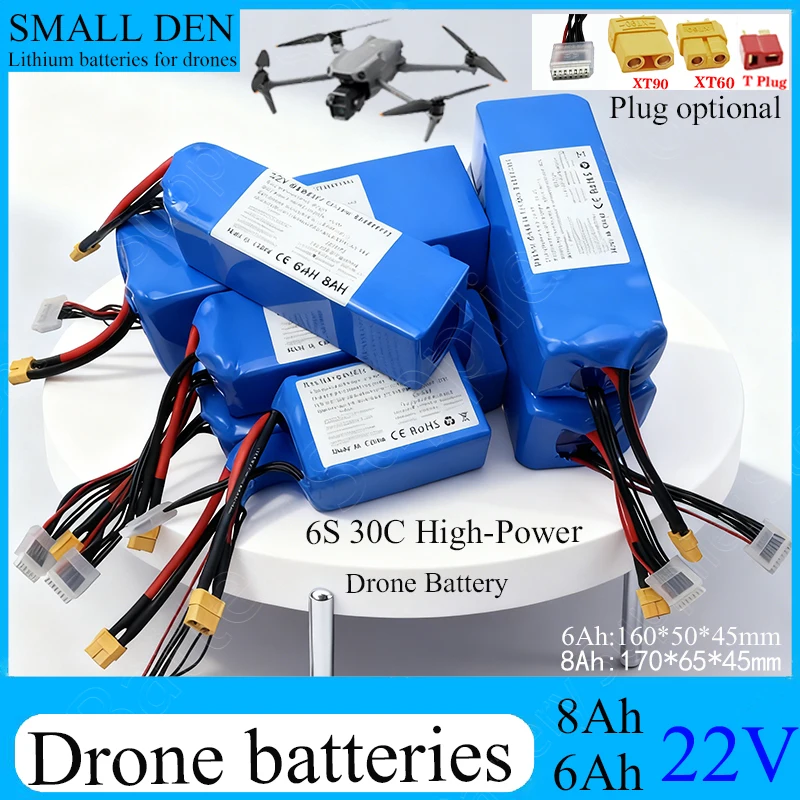 New 22V 6Ah 8Ah 6S1P Multi-purpose Lithium Battery, 30C Discharge, Suitable for Drones, Quadcopters, Racing Drones, XT60 XT90