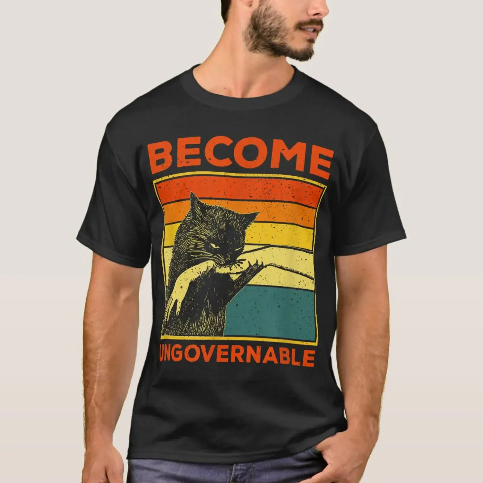 T-shirt « Become Ungovernable » avec chat noir qui mord la main, style vintage, décontracté, doux, élégant, graphique, légèrement extensible et confortable