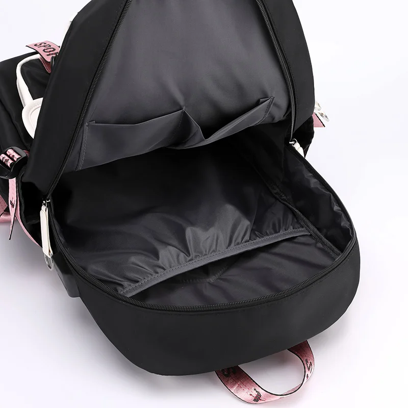 Mochila escolar grande para adolescentes, morral escolar de lona con puerto USB, a la moda, color negro y rosa