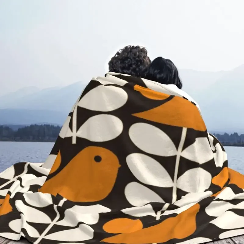 Multistem Birds Black White Orange Blankets Warm Flannel Orla Kiely Scandi Throw Blanket for Sofa Bedroom Bedding