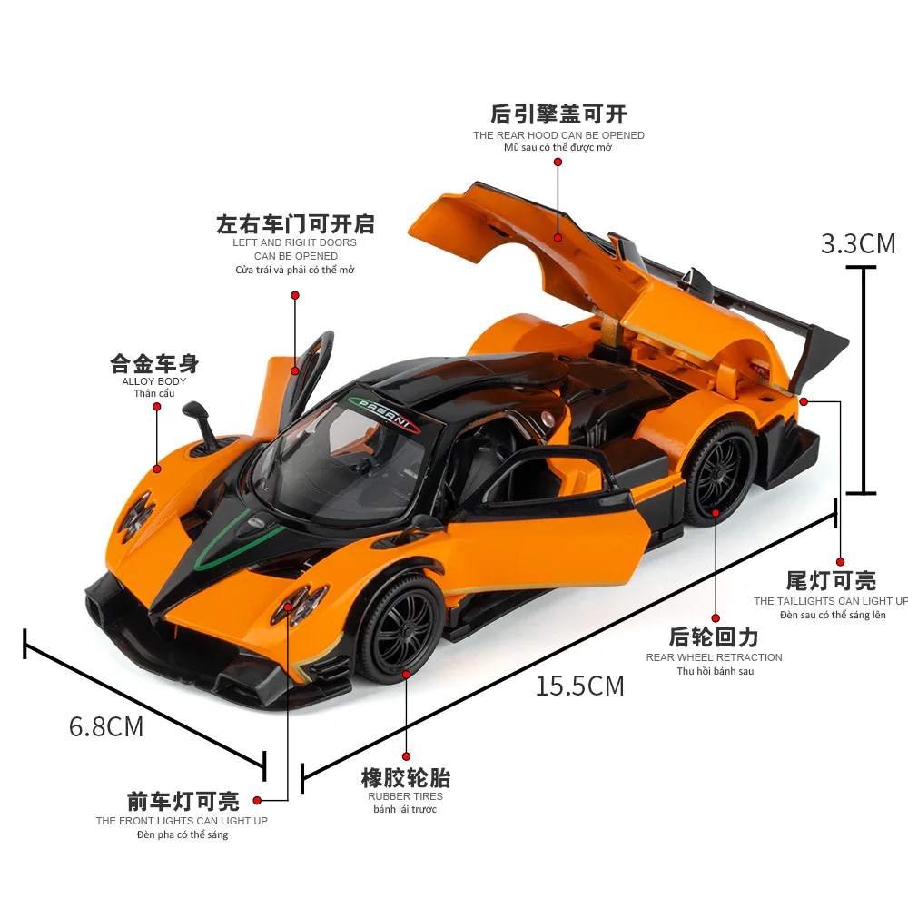 1:32 Zonda R Toy Cars Models Rubber Tires with Light Sound Miniature Vehicle Wheel Pull Back Sports Car Boys Birthday Gifts