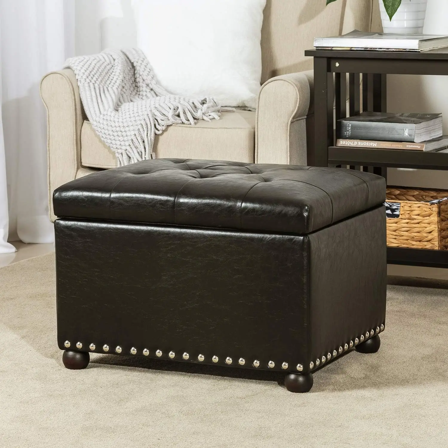 

Leather Storage Ottoman, 24" Rectangle Tufted Foot Rest Stool, for Living Room Bedroom