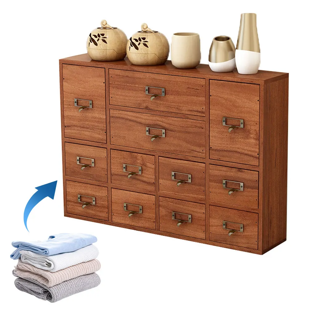 خزانة صيدلية خشبية مكونة من 12 درجًا مع فتحة ملصق ومقبض معدني ورف تخزين أدوات مكتبية صغيرة وخزانة كتالوج بطاقات المكتبة