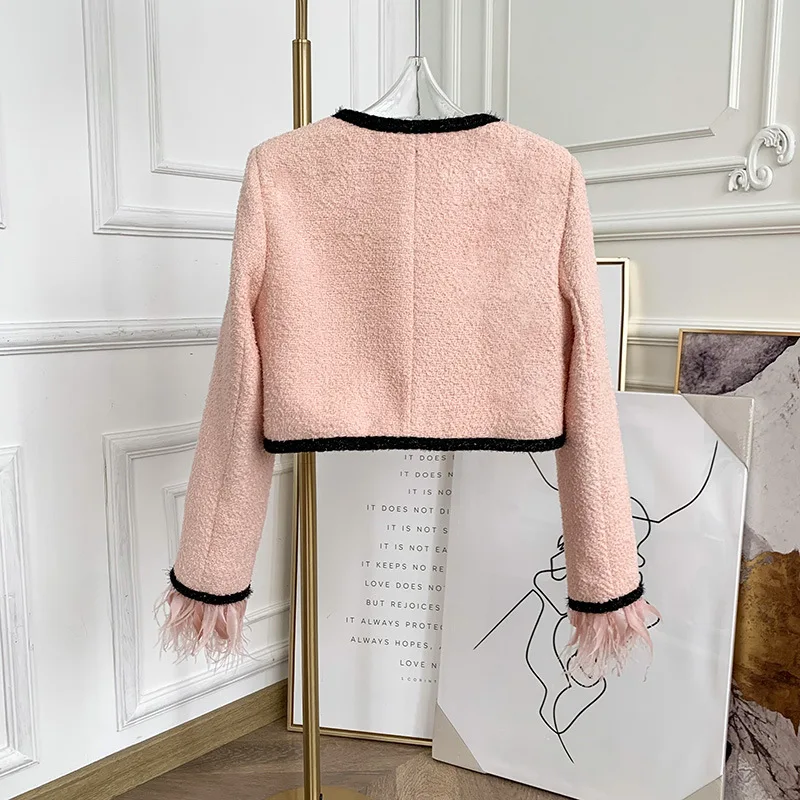 French Small Fragrant Wind Coarse Tweed Short Suit Coat Women\'s Autumn New Chic Feather Tassel Long Sleeve Square Neck Pink Coat