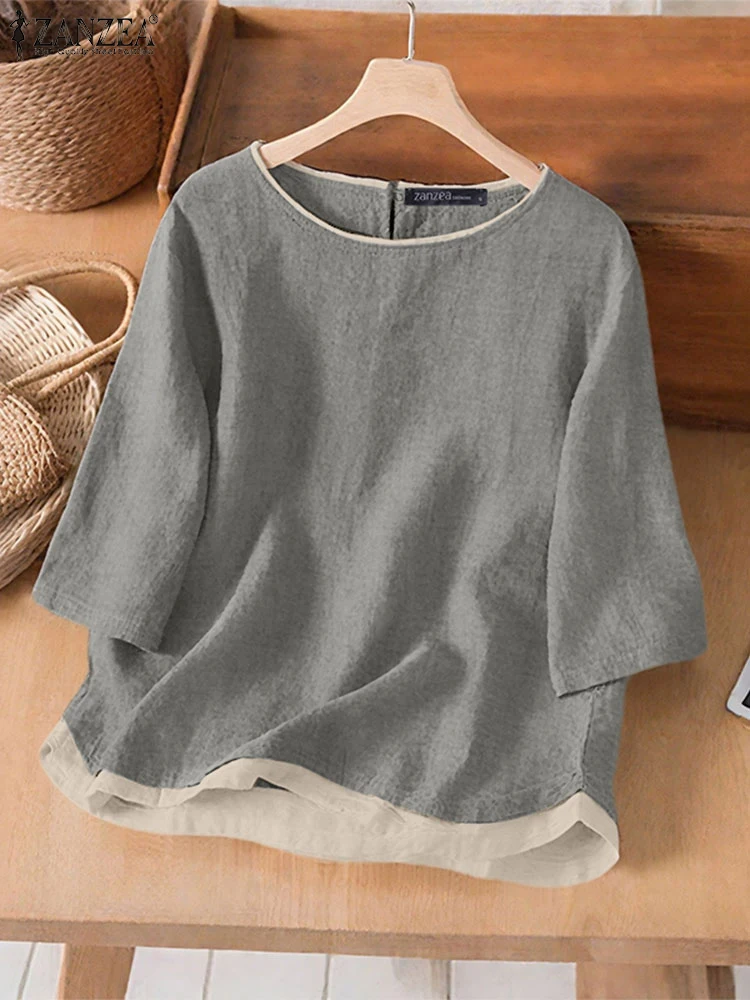 

ZANZEA Fake Two-Piece Day Wear Tops O-Neck 2025 Summer Casual Loose Womens Blouses 3/4 Sleeve Solid Color Vintage Blusas Mujer