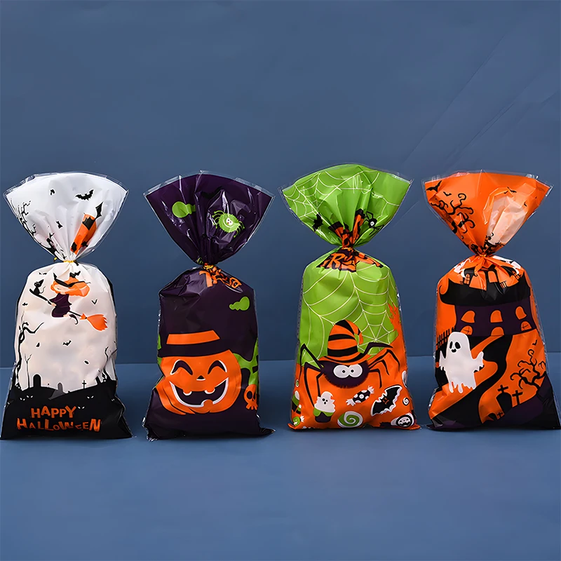 50Pcs New Halloween Candy Bag Pumpkin Halloween Gift Bags Plastic Treat Packing Bags Halloween Party Decoration Supplies