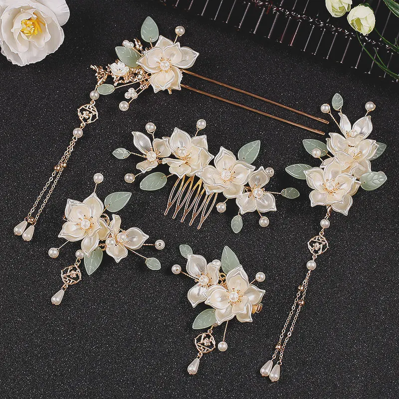 

Hanfu hair accessories antique hairpin fringed step shake set camellia clip hairpin comb full set