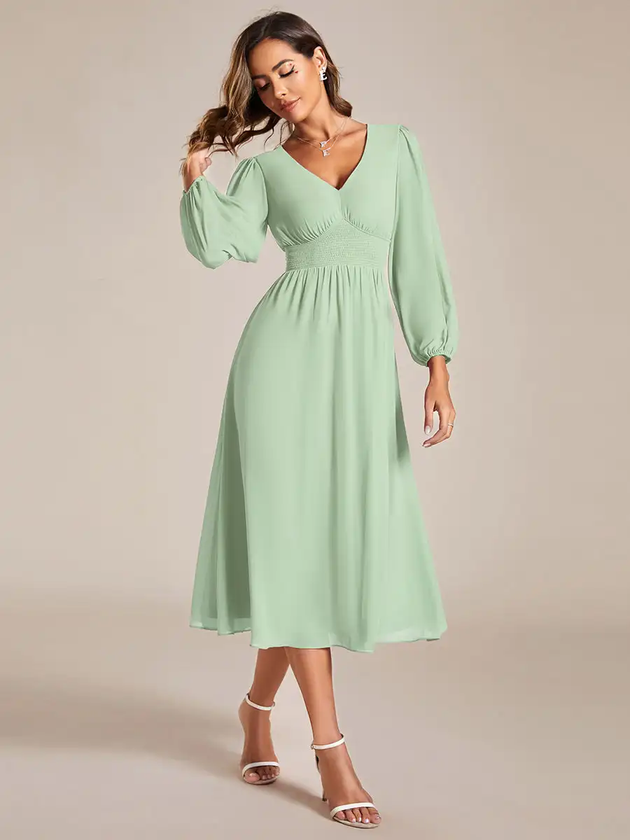 Elegant Evening Dresses Dignified Deep V-neck Long Sleeves Knee-Length 2024 Ever Pretty of Chiffon Orchid Bridesmaid Dresses