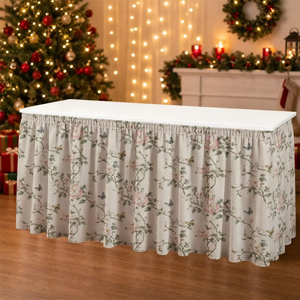 One-piece party table skirt decoration - floral vines with butterflies and roses - ruffled table border