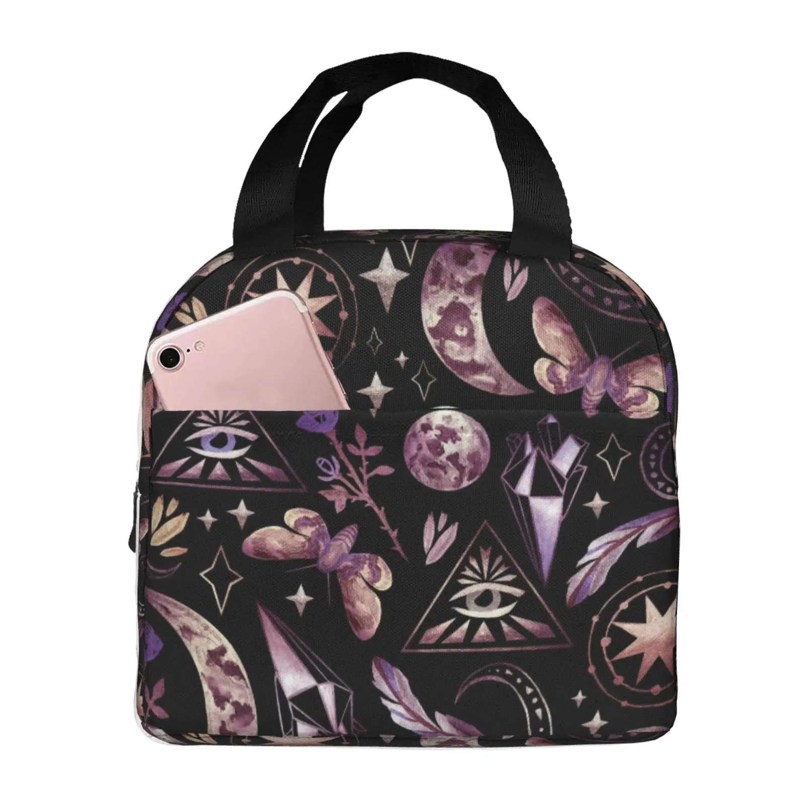 Magic Goth Spooky Gray Purple Black Portable Lunch Boxes Waterproof Thermal Cooler Food Insulated Lunch Bag Kids School Children