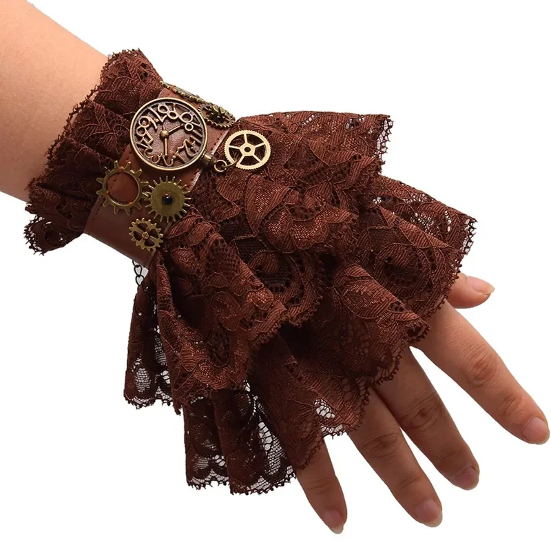 Steampunk Handschoenen Pols Manchetten Vrouwen Gothic Punk Lolita Cosplay Hand Mouw Bruine Ruches Kant Armbanden