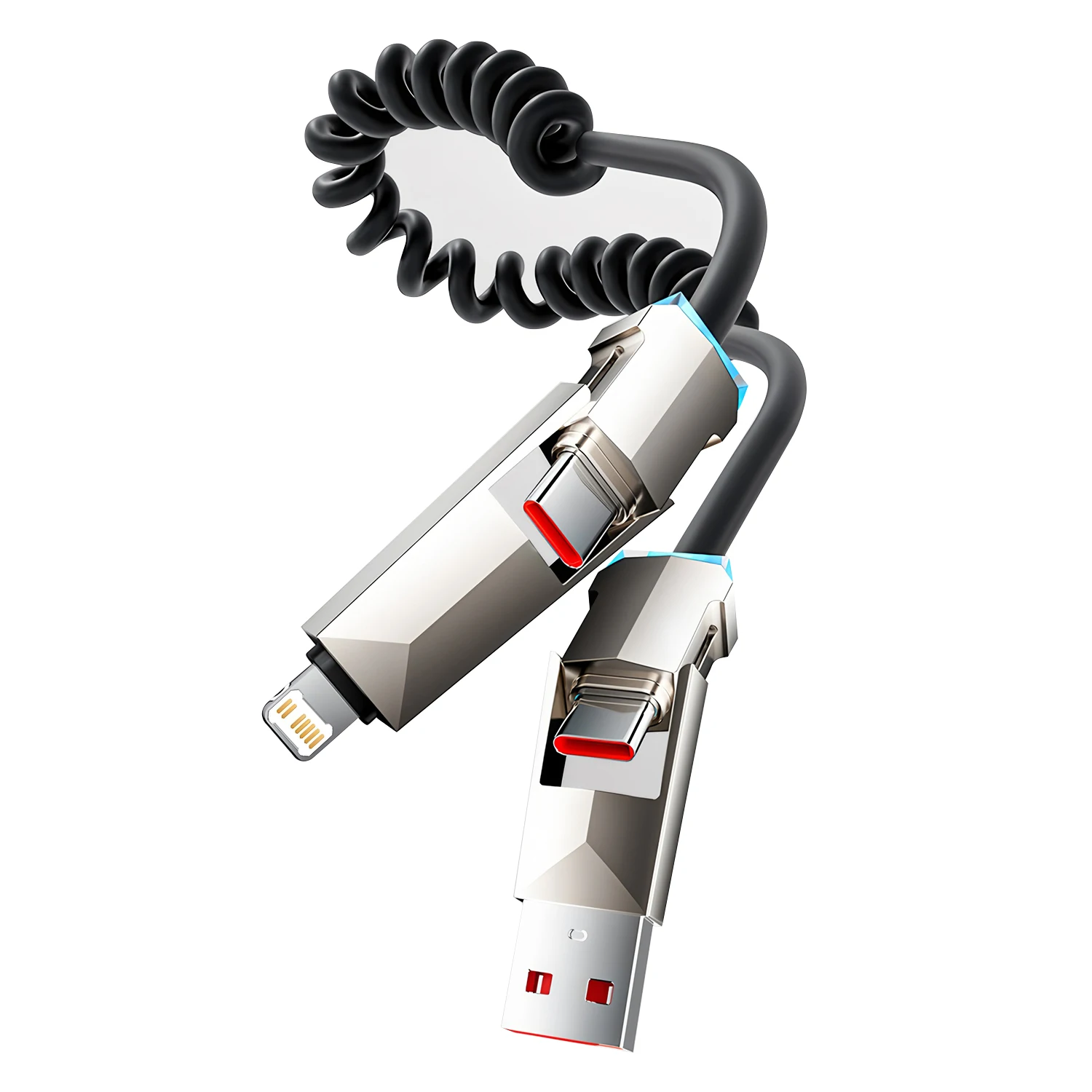 4-in-1 Spring Data Cable Quick Charger USB Type-C Telescopic Wire For iPhone 17 pro max 16 15 iPad/MacBook/Huawei