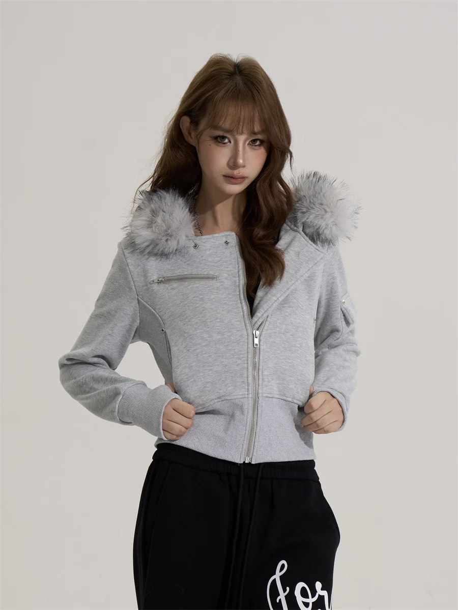 

Onlpp American Retro Hot Girl Hooded Jacket Women's Loose Short Cardigan Top with Fur Collar Long Sleeve Autumn Winter Outerwear