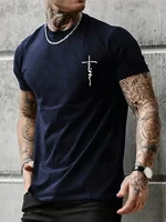 Summer men's 100% pure cotton casual loose fit plus size cross faith pattern printed round neck short sleeved T-shirt top 3