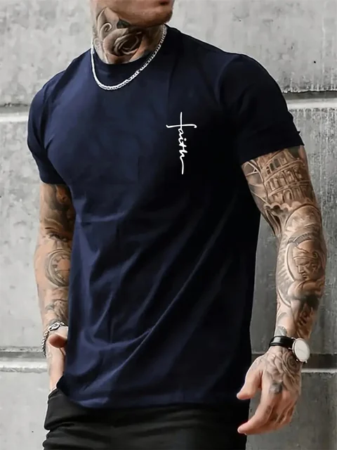 Summer men's 100% pure cotton casual loose fit plus size cross faith pattern printed round neck short sleeved T-shirt top 3