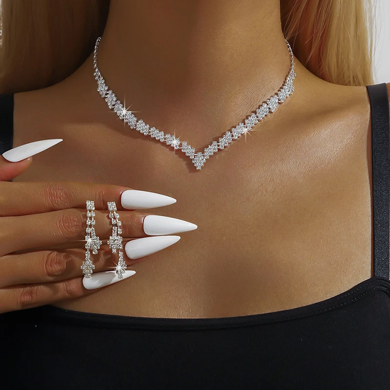 Simple Tassel Sparkling Jewelry Set Gifts Geometric Rhinestone Necklace Earrings Bracelet Kit Wedding Bride Jewelry Set 1Set