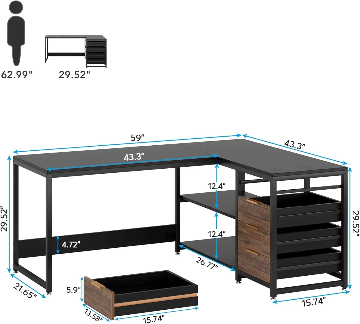 Tribesigns L Shaped Computer Desk with Storage Drawers, 59 inch Corner Desk with Shelves, Reversible L-Shaped Office Desk Study