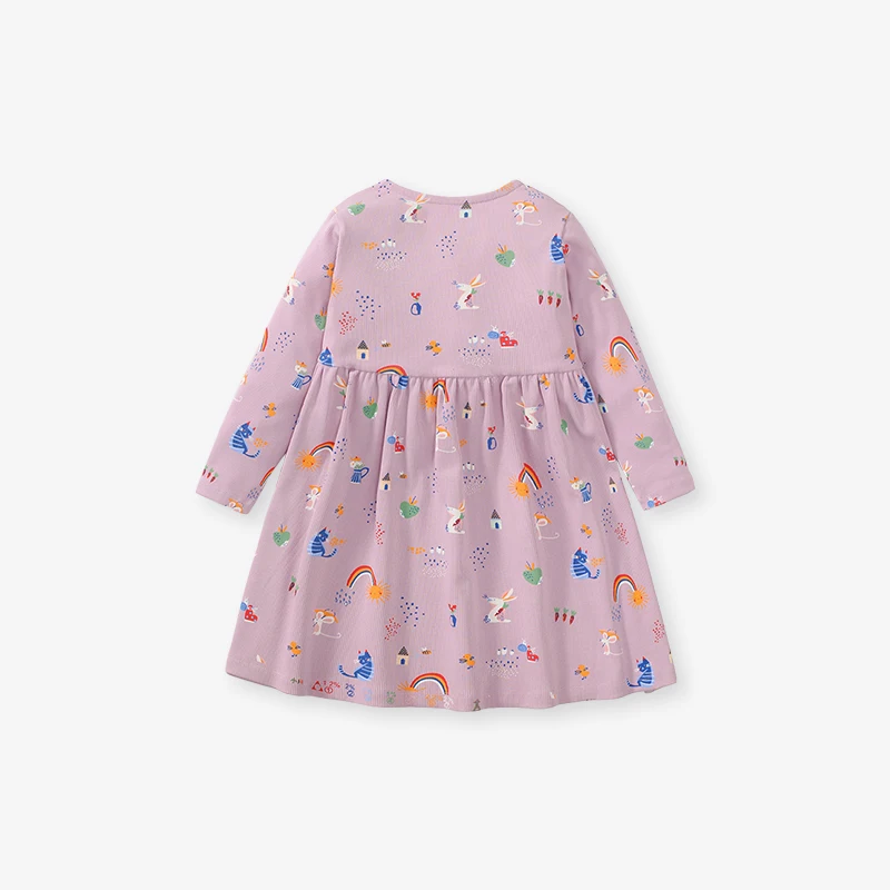 Little maven Girls Cotton Long Purple Dress Animal Unicorn Children Dress Fashion with Button Collar Baby Girls Elegant Dresses