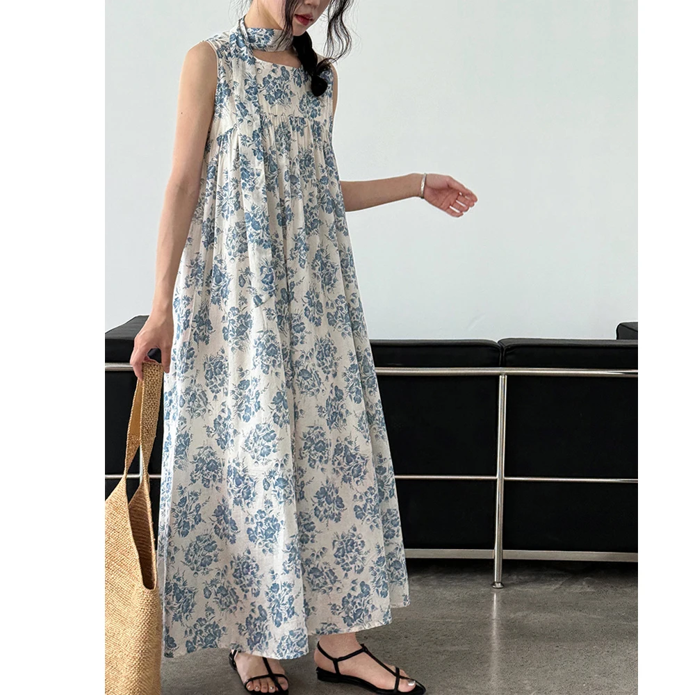 Abito lungo estivo da donna in cotone 100% con stampa floreale senza maniche stile ampio elegante abito Boho maxi abiti abiti da donna