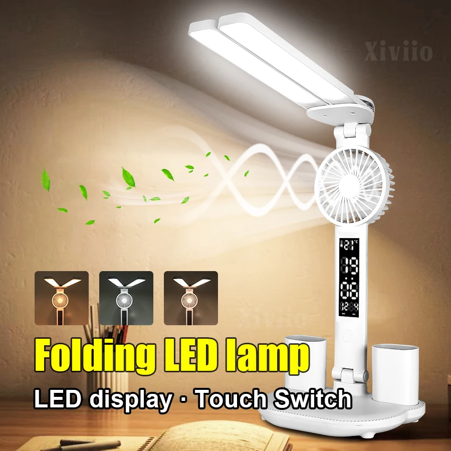 

Multifunction 3 Colors LED Table Lamp with Fan Clock Desk Light Flexible Adjustable Reading Night Light Double Office Desk Lamps