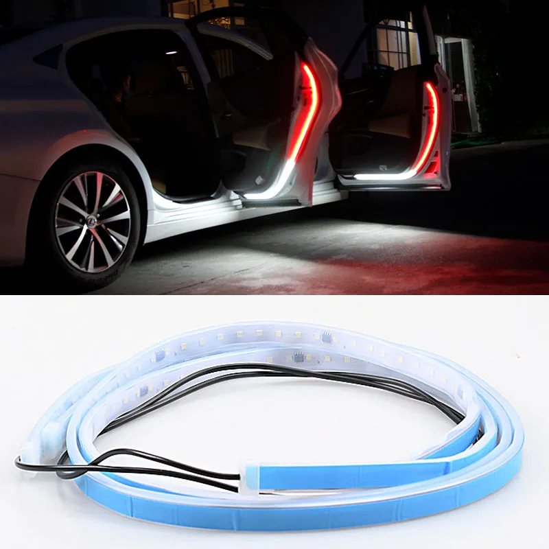 Fit For ALL Cars Door LED Warning Light 2Pcs Flexible Dual Color Strip Lighting White Red Sequential Switchback Safety Strobe