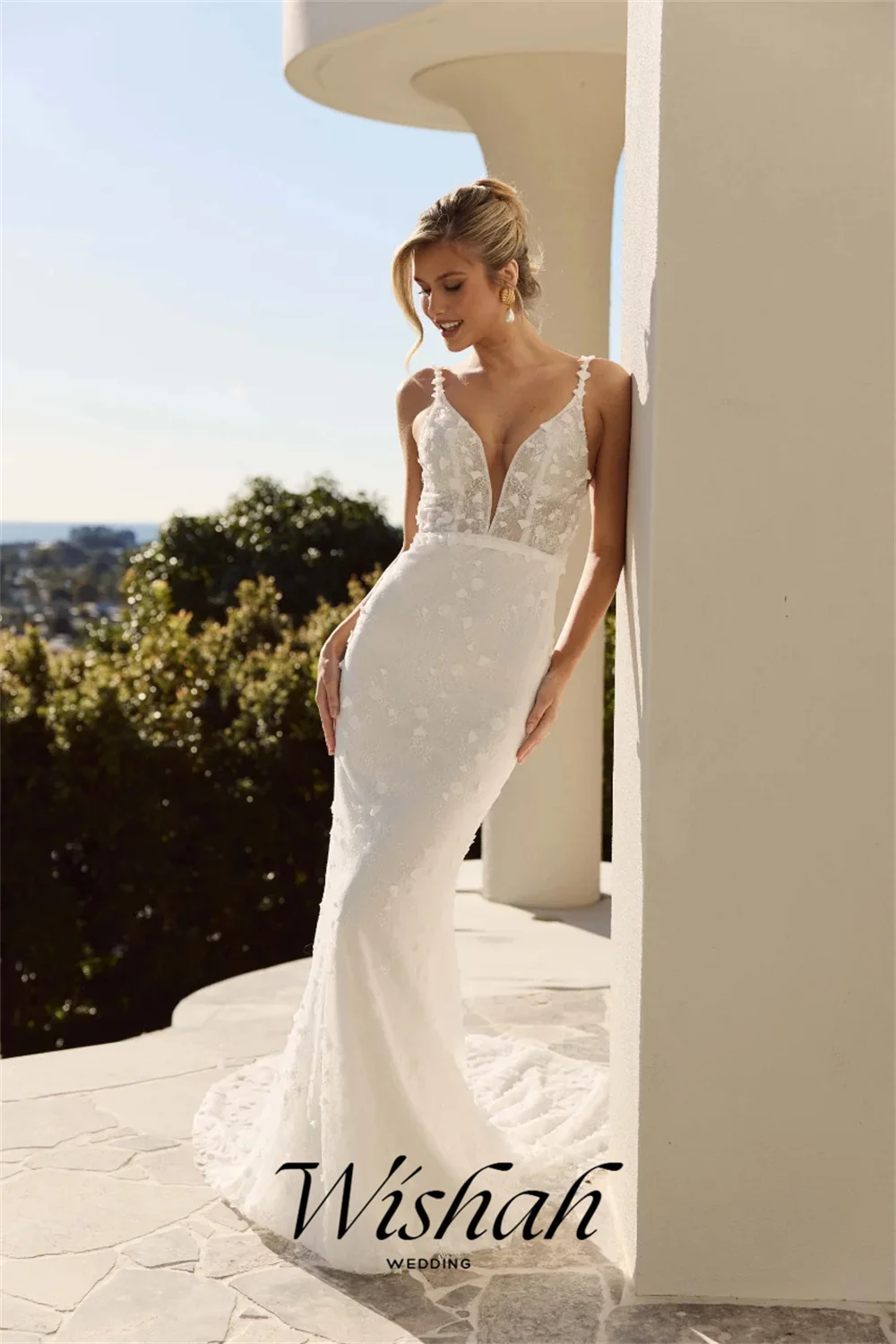 Wishah Customized Luxury V Neck Spaghtti Strap White Lace Applique Mermaid Backless Chapel Train for Wedding Party 2027