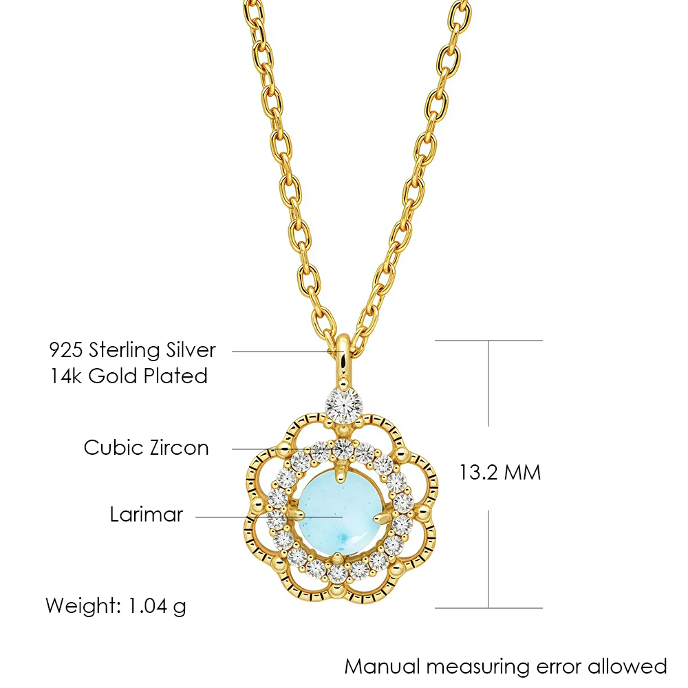 LAMOON Vintage Natural Larimar Gemstone Pendant Necklace For Women Court Style S925 Silver Gold Plated Party Fine Jewelry Gift