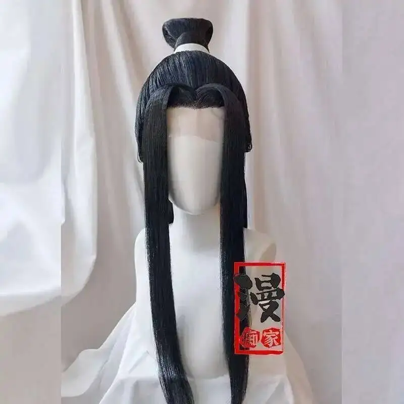 Lan Wangji على غرار شعر مستعار غراندماستر من زراعة الشيطاني MDZS وي Wuxian أسود طويل ذيل حصان تصفيفة الشعر مخصص الباروكات الدعائم