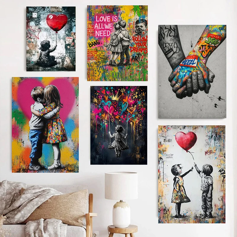 Banksy Graffiti Canvas Print Love is All We Need Poster Street Art Girl with Balloon Wall Art Canvas for Living Room Home Decor