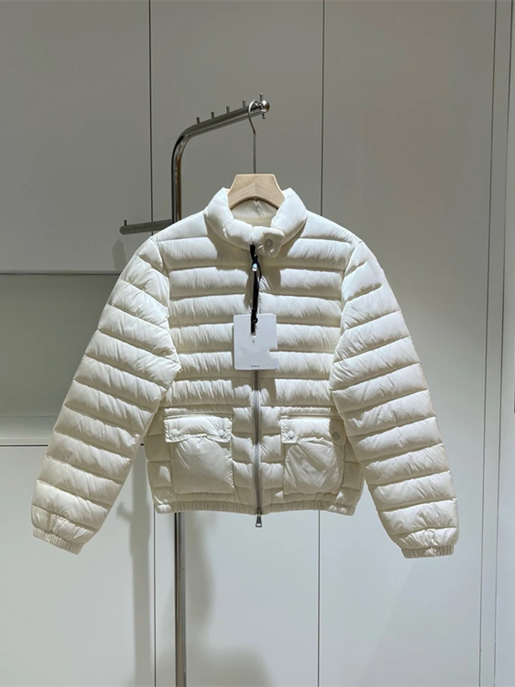 Chaqueta de plumón ligera para mujer, plumón de ganso blanco, cuello levantado, abrigo para ir al trabajo, corte recto, cremallera larga