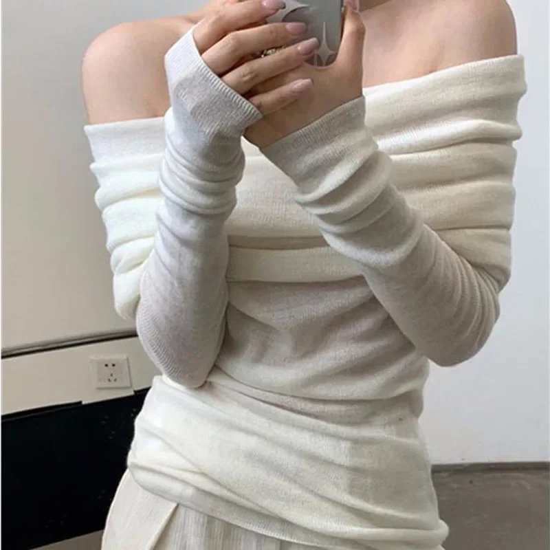 French One Shoulder Gentle Knitted Top Women's Design Sense Slim Fit Show Off Shoulder Long Sleeve Sweater Solid Color