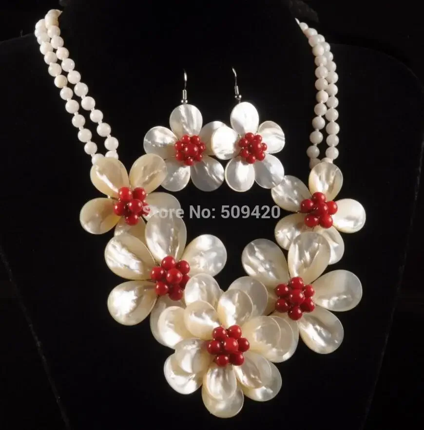 

Mother of pearl MOP shell coral flower pendant earrings necklace set