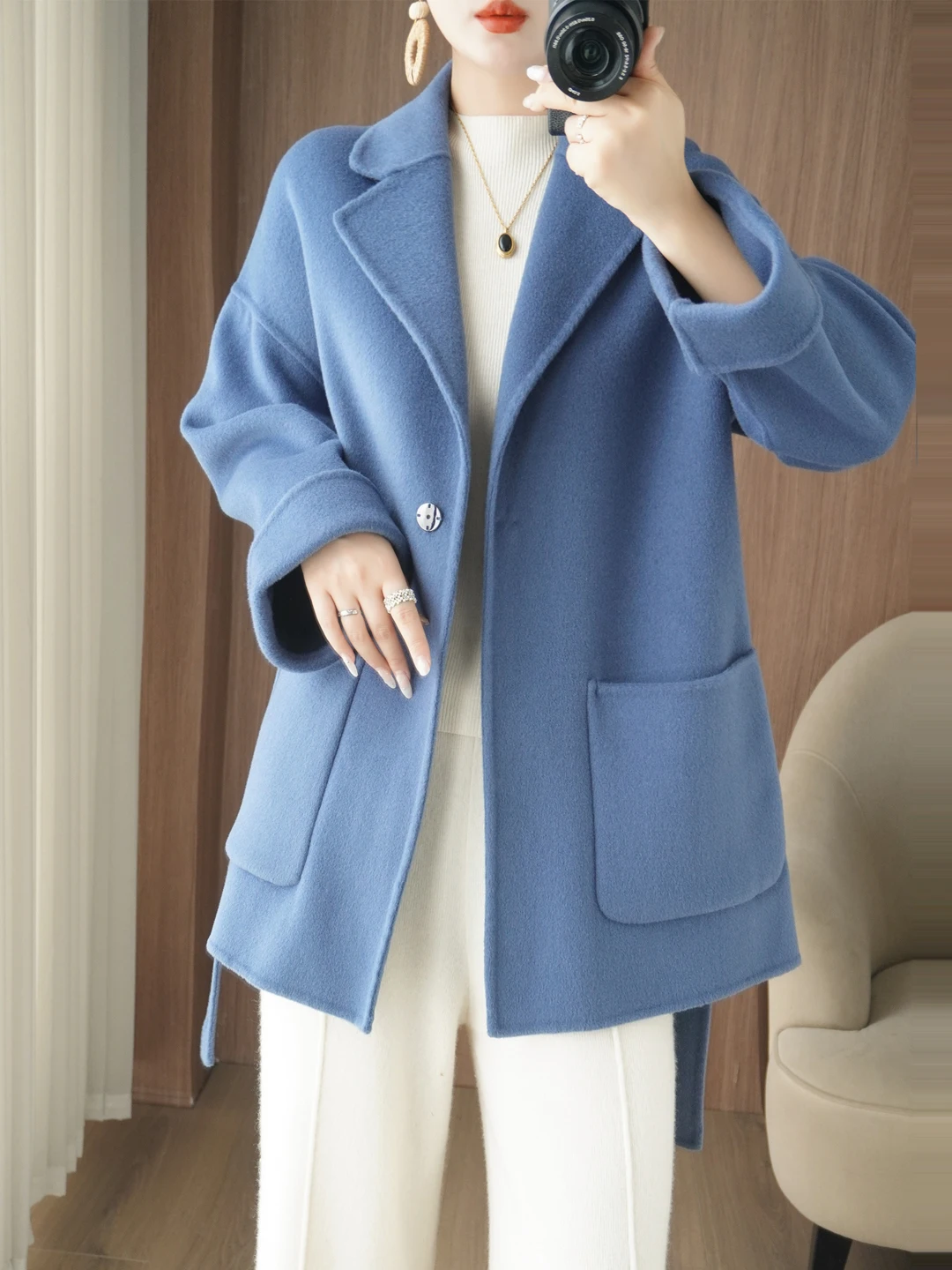 

Двустороннее шерстяное пальто из кашемира для женщин, корейский прямой крой, осень-зима, новинка, модное, для повседневной носки
