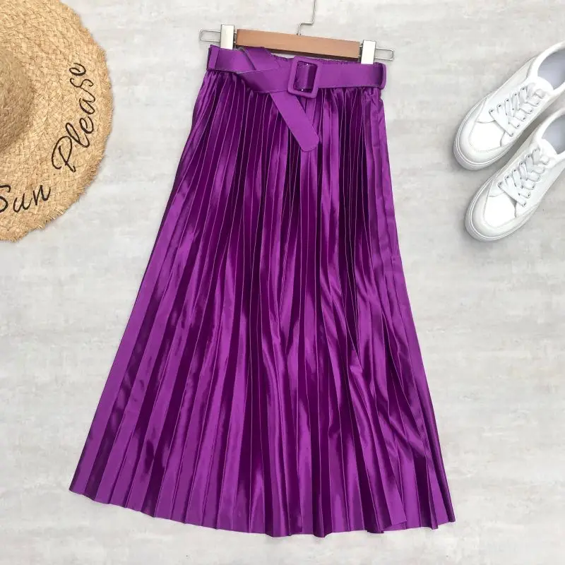 Seoulish 2023 New Solid Elegant Stain Women's Pleated Skirts with Belted High Waist Skirts Mi-long Umbrella Skirt Spring Summer