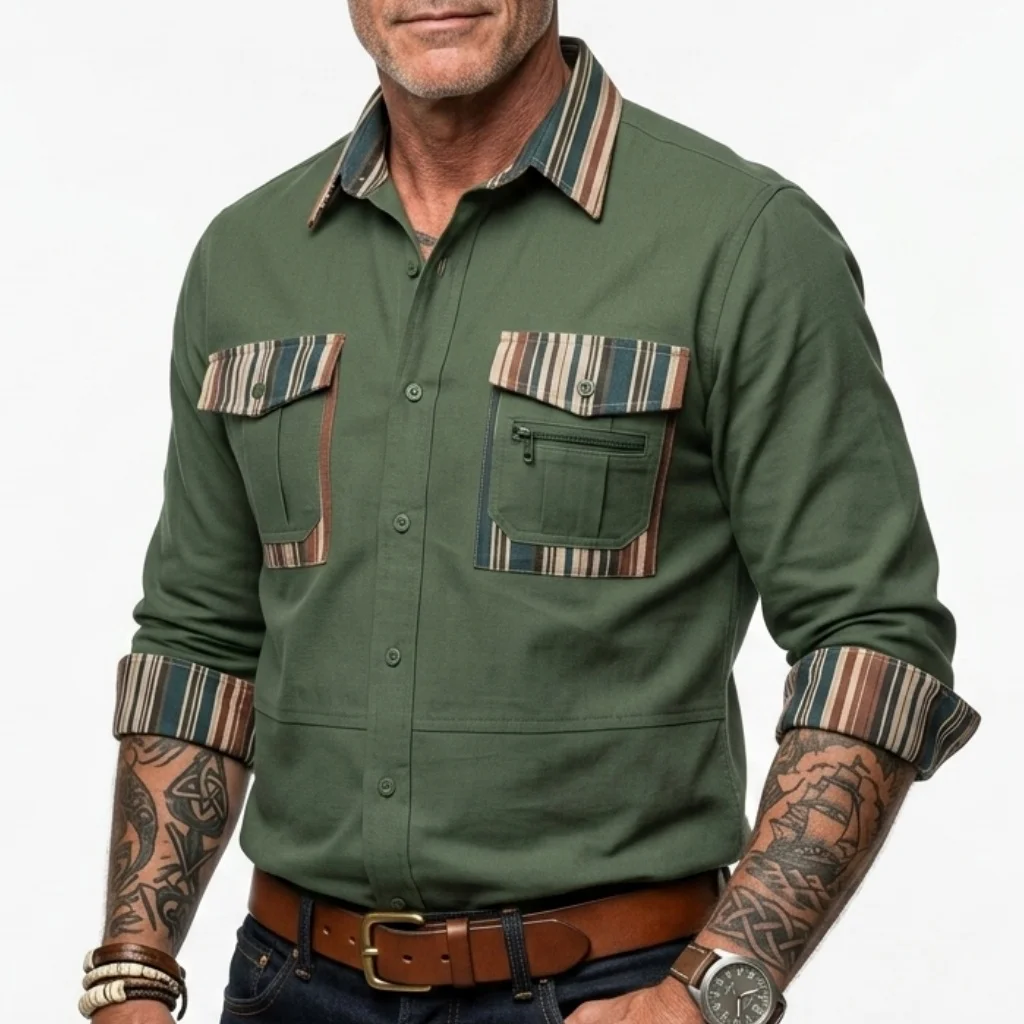 

Spring Summer Men's Shirt Casual Business Thin Cotton Linen Color Blocking Long Sleeve Comfortable Multi-Pocket Outdoor Mans Top