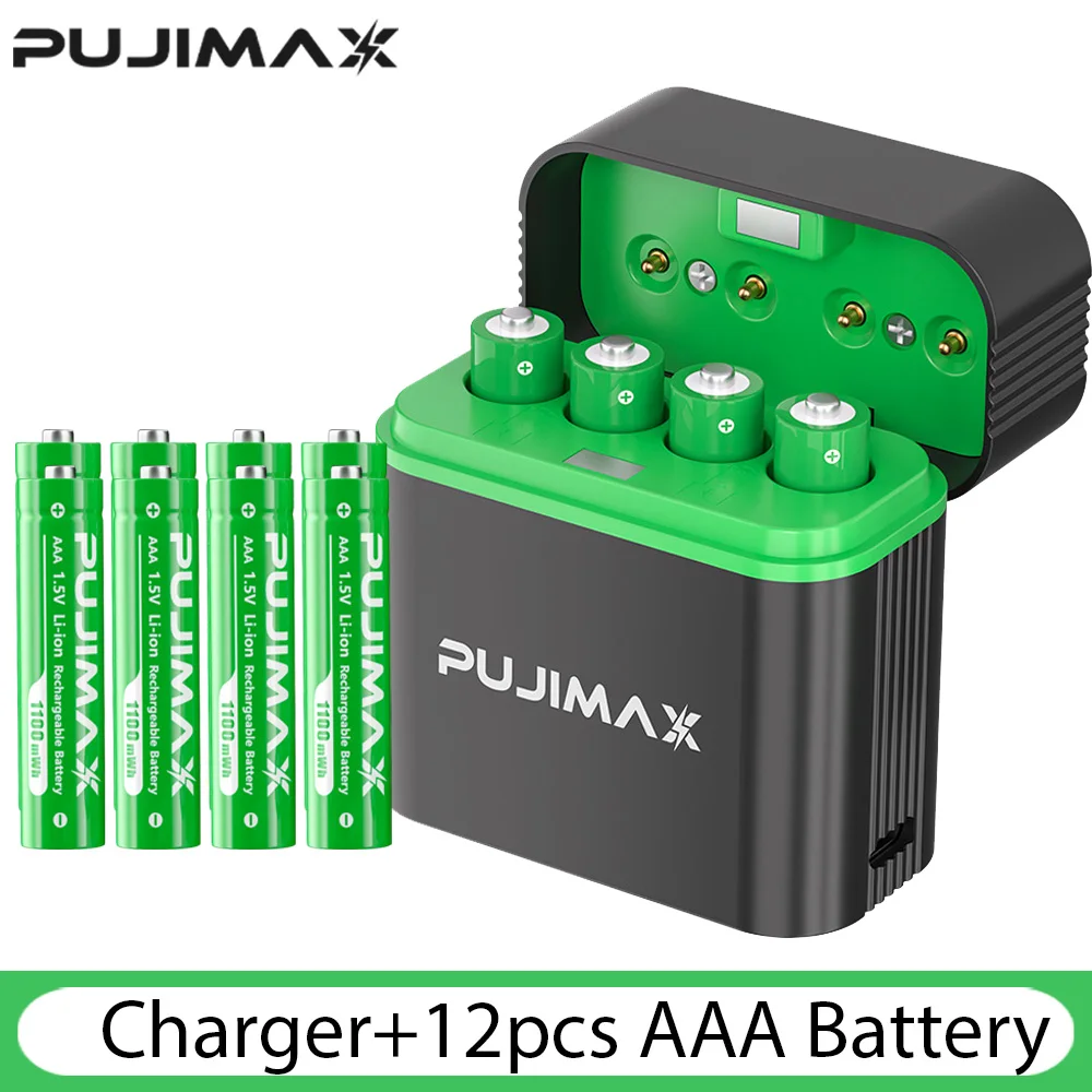 PUJIMAX 1,5 V AAA 1100 mWh oplaadbare lithium-ionbatterij met slimme batterijlader SET batterijen individueel beschikbaar