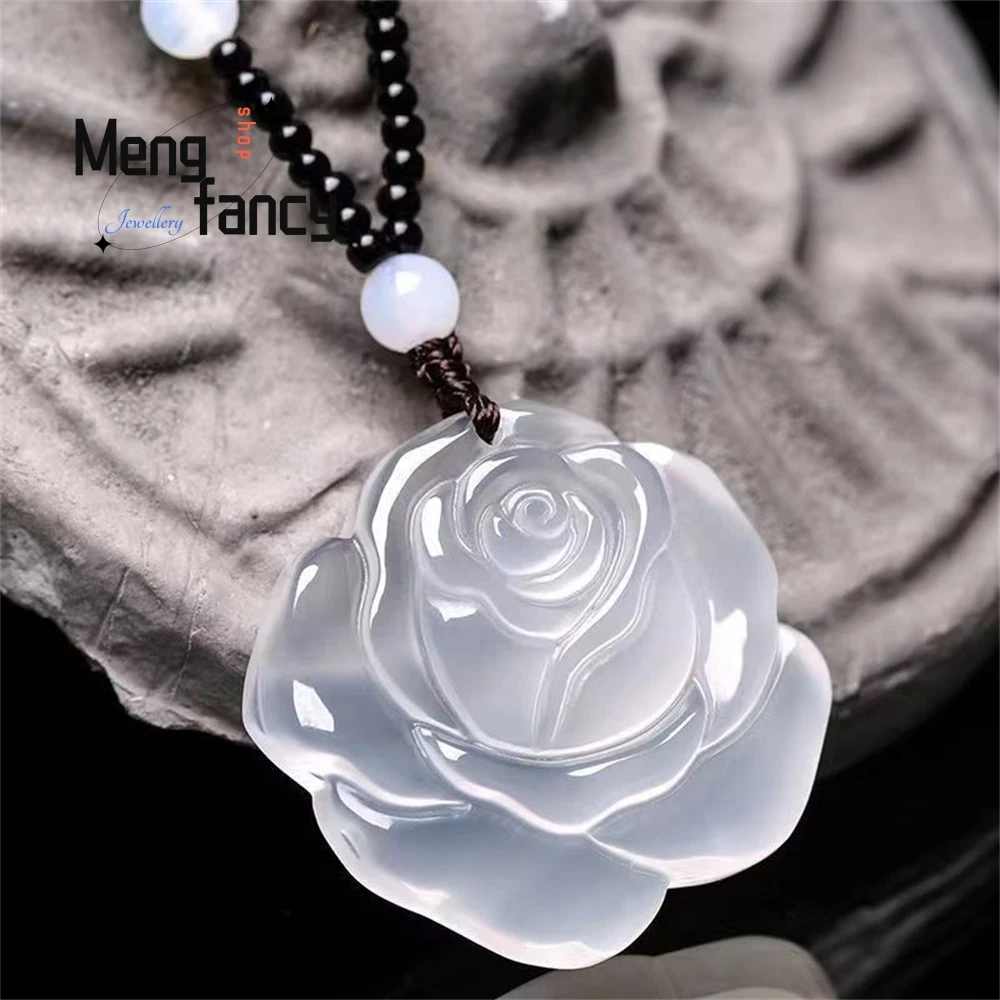 

Natural White Chalcedony Rose Pendant, Red Agate Jade, Jade Ware, Prosperity And Wealth Sweater Chain Pendant Fashion Jewelry