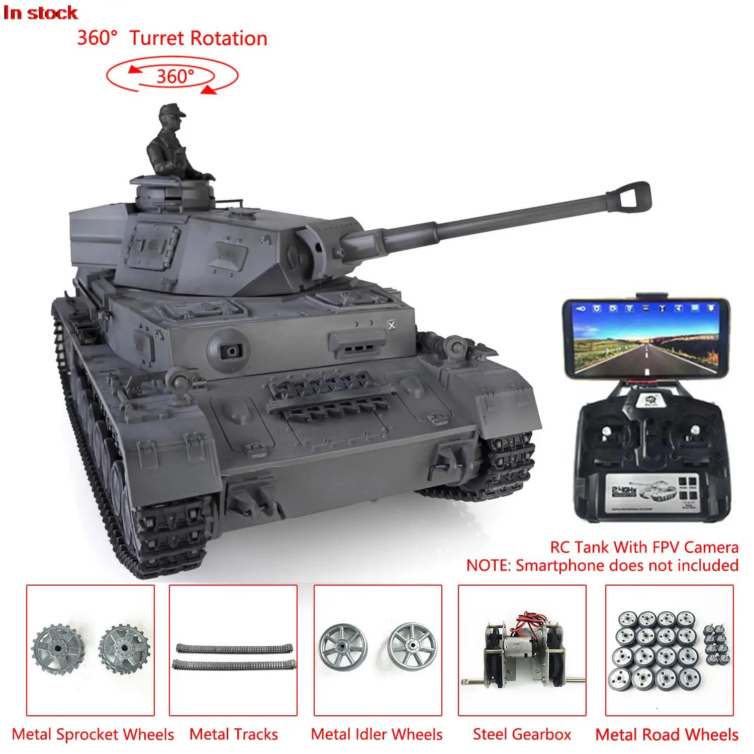 

HENG LONG 1/16 Gray 7.0 Customized Panzer IV F2 RTR RC FPV Tank 3859 Metal Wheels W/ Camera Steel Gearbox Bearing Toys TH17418