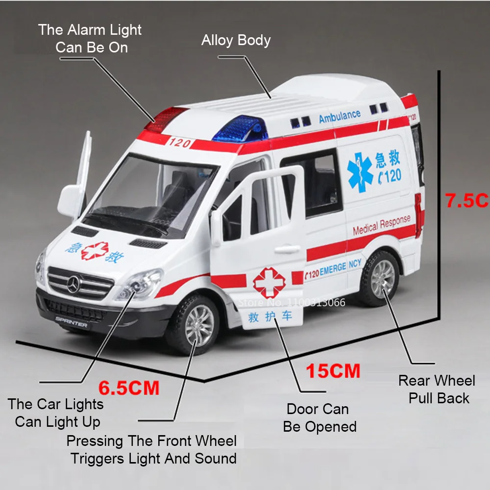 1/32 Ambulance Car Models Toys Alloy Diecast with Light Sound Rescue Vehicle 5 Doors Opened Cars Boy Collection Decoration Gifts