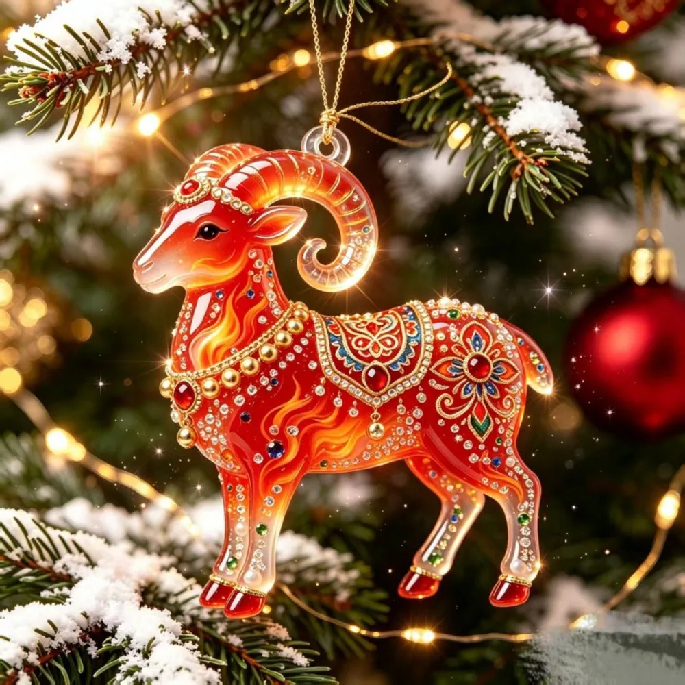 2D Flat Christmas Hanging Pendant New Year Red Gold Chinese Zodiac Goat Car Goat Pendant Acrylic Car Rearview Mirror Keychain
