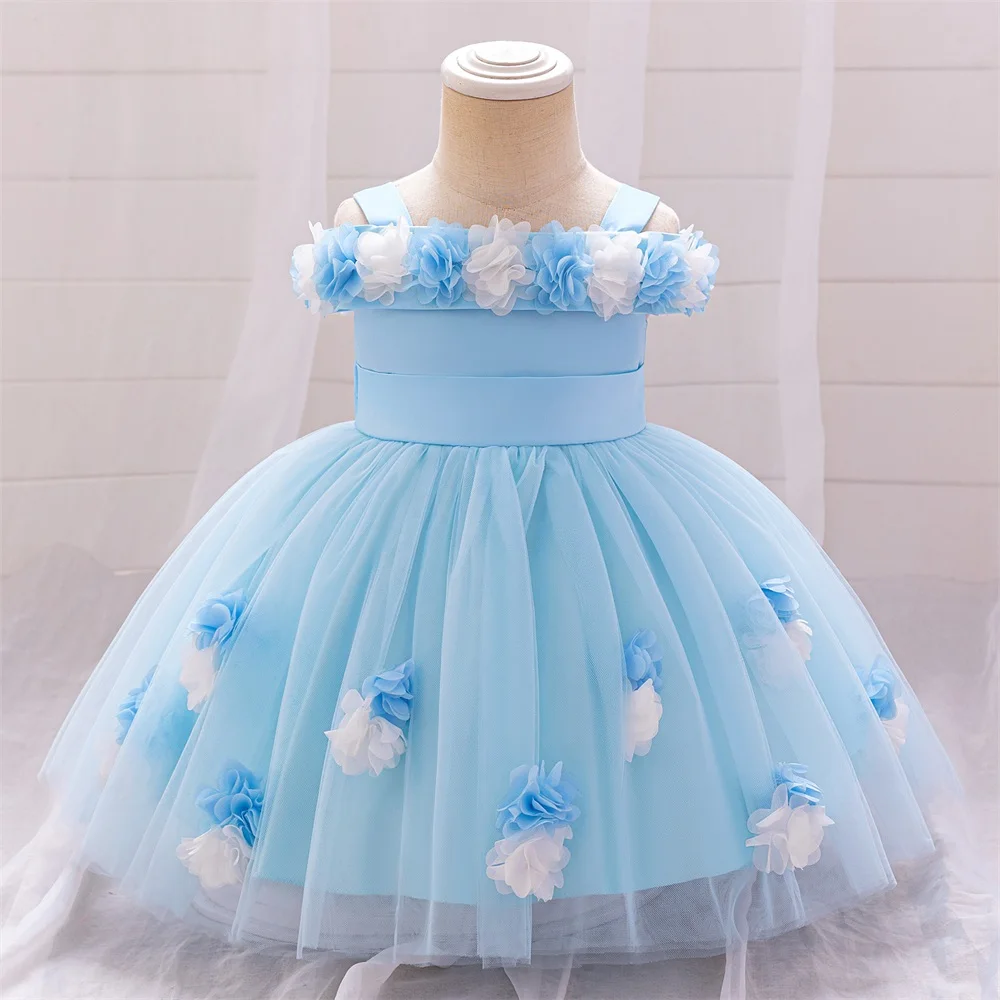 Infant Blue Maid Flash Wedding Dress Baby Girl Butterfly Party Gown Princess Dresses Toddler Flower Fluffy Clothes Girls NewWear