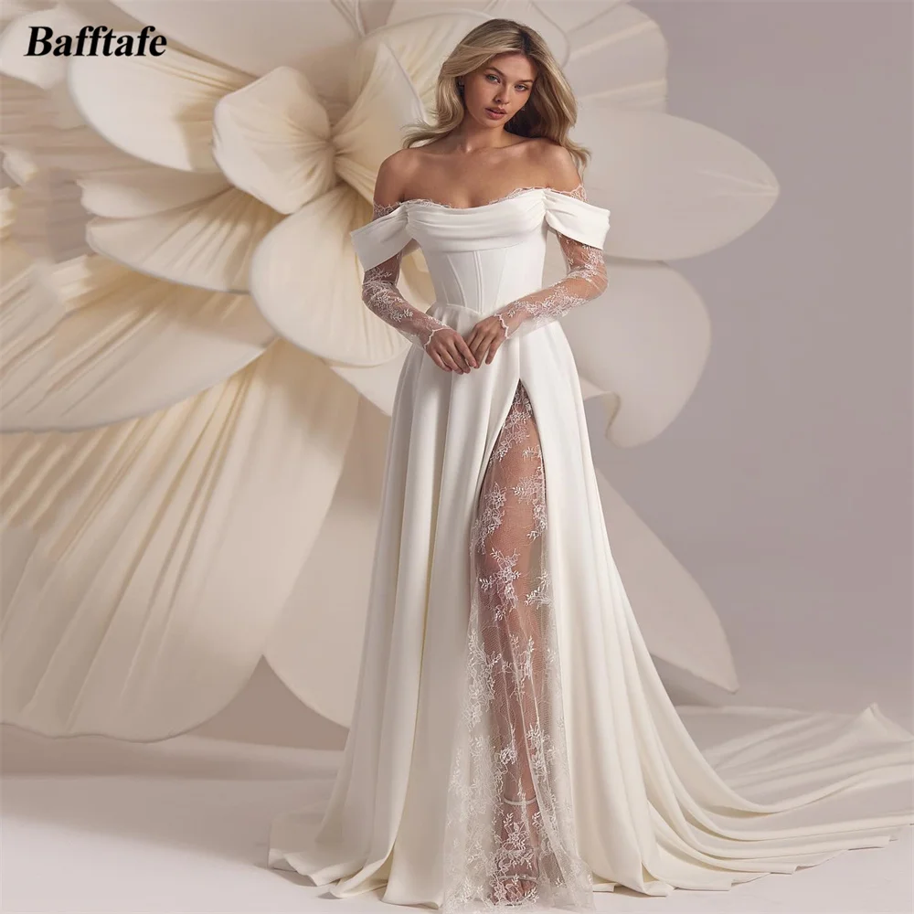 Bafftafe Ivory Satin Customized Wedding Dresses Lace Long Sleeves Corset Back Weding Photography Dress Formal Bridal Gowns Women