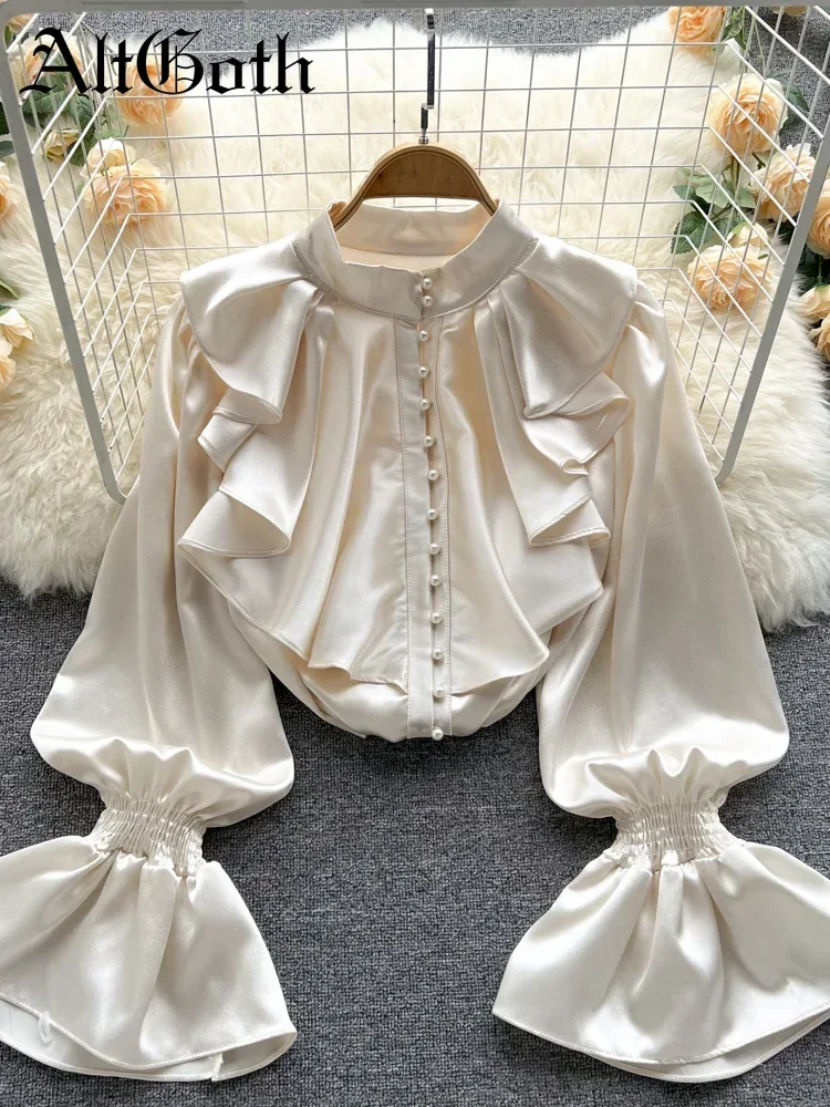 AltGoth Fairycore Elegant Satin Loose Shirt Long Flared Sleeves Ruffles O-Neck Beading Women Gentle Office Lady Casual Blouse