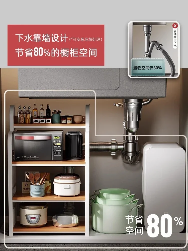 Cozinha, pia, pia única grande, aço inoxidável, feita à mão, bacia vegetal, espessada