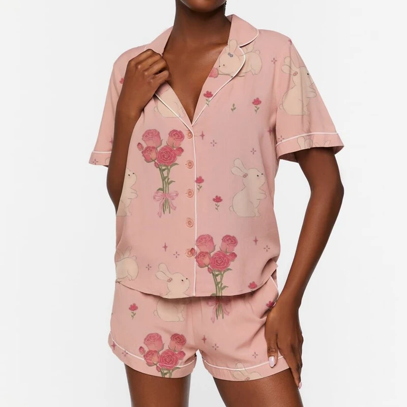 Vintage 2 Piece Pajamas Set Cute Bunny Print Short Sleeve Button Up Blouse Shirt Tops + Shorts Set Home Sleepwear Clothes