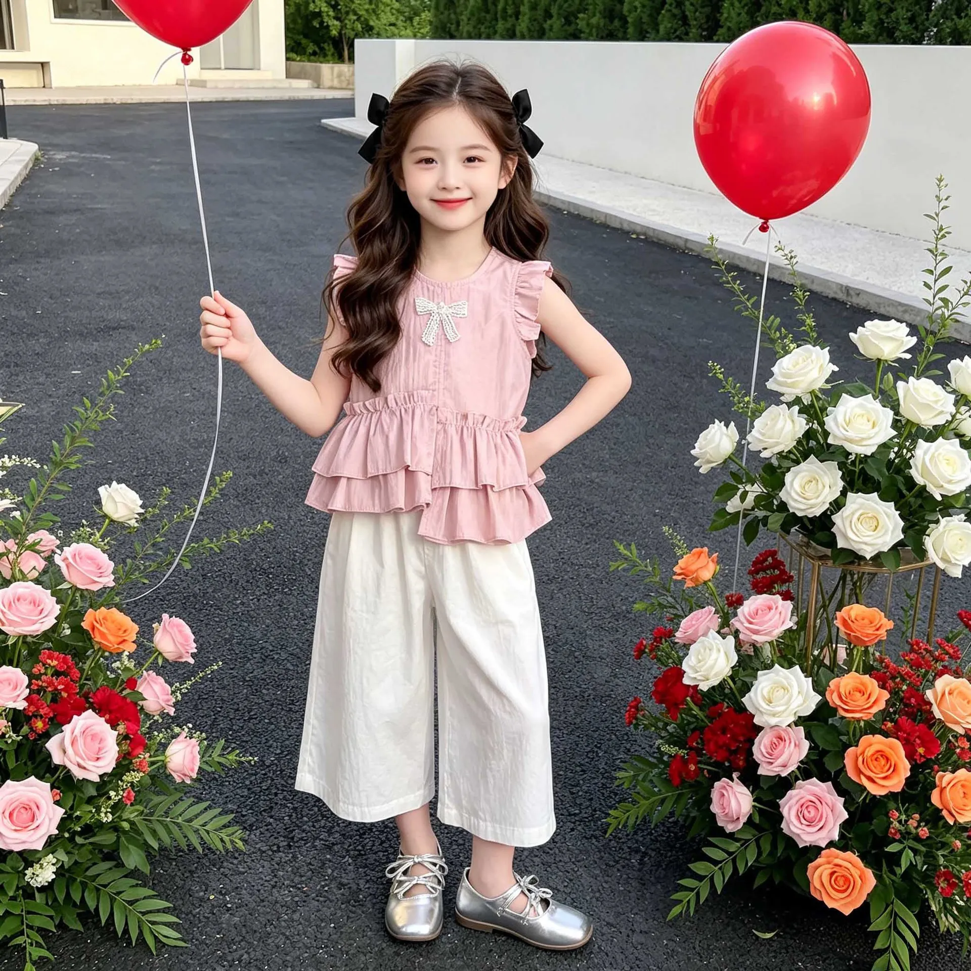 2026 thin summer girls Clothes Children set irregular Teenager sleeveless T shirt vest + wide leg cropped pants 4 8 10 12 year