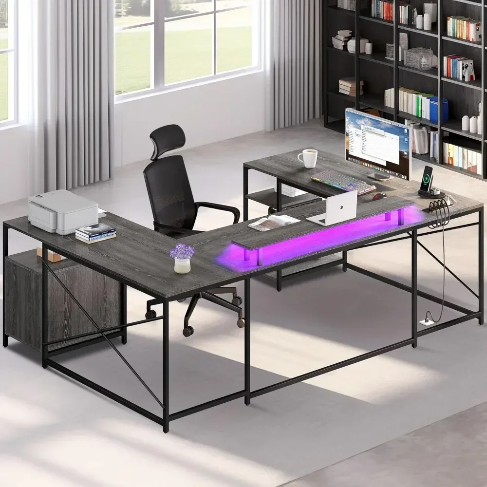 

U-shaped table, computer desk with power socket and LED lights, double-sided L-shaped table with drawers with monitor stand