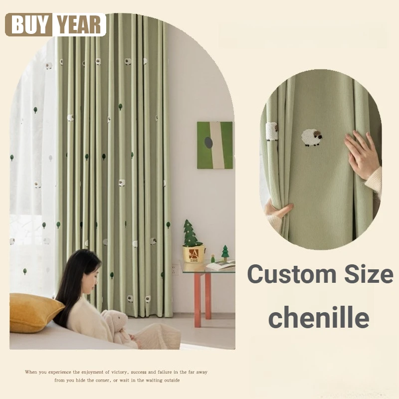Chenille Blackout Lamb Embroidery Modern Children's Curtains for Living Dining Room Bedroom Window Custom Size Fashion Elegant