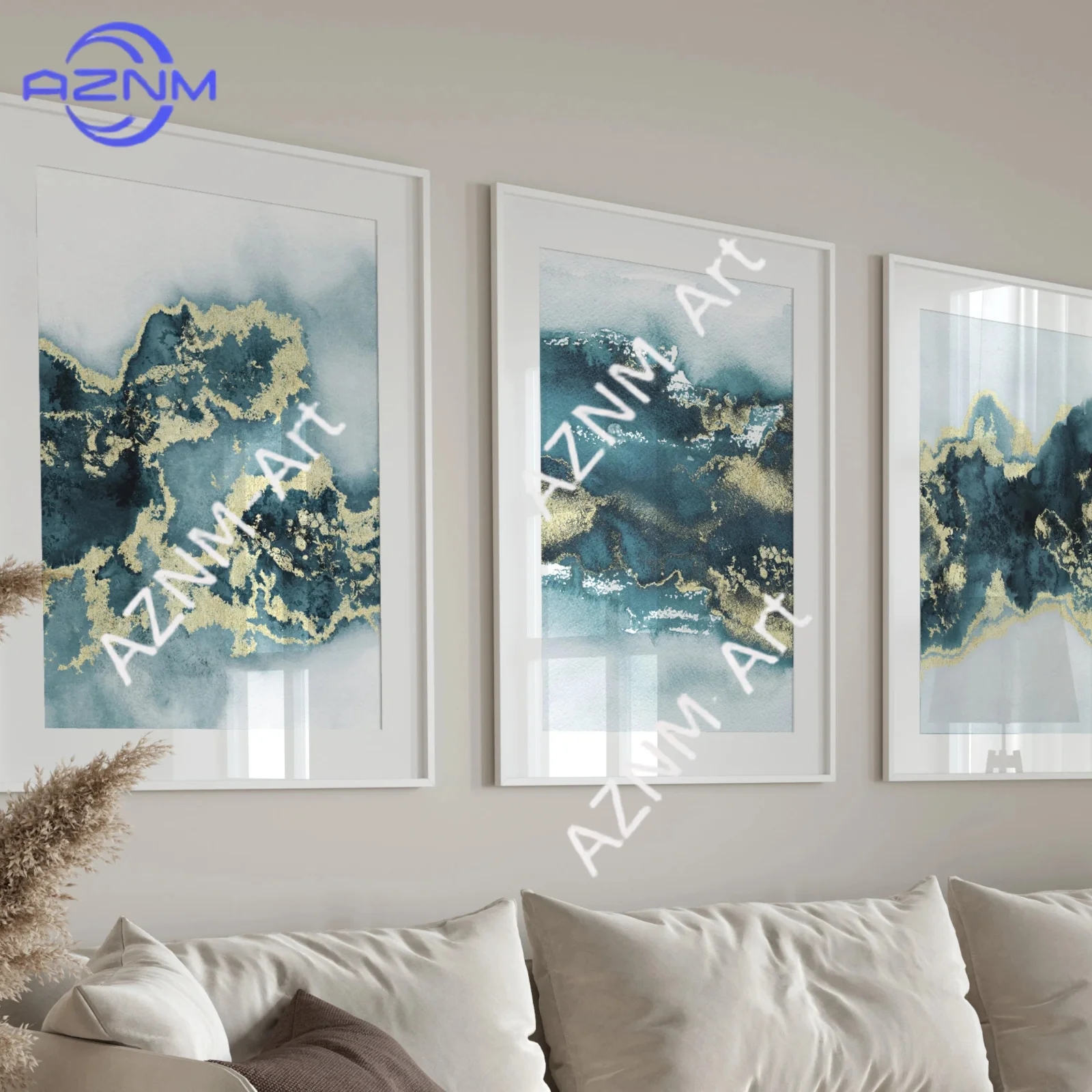 1/3Pcs Teal Gold Wall Art · Gallery Wall Set · Watercolour, Abstract Art, Minimalist Wall Art,Room Decor, Green Wall Art