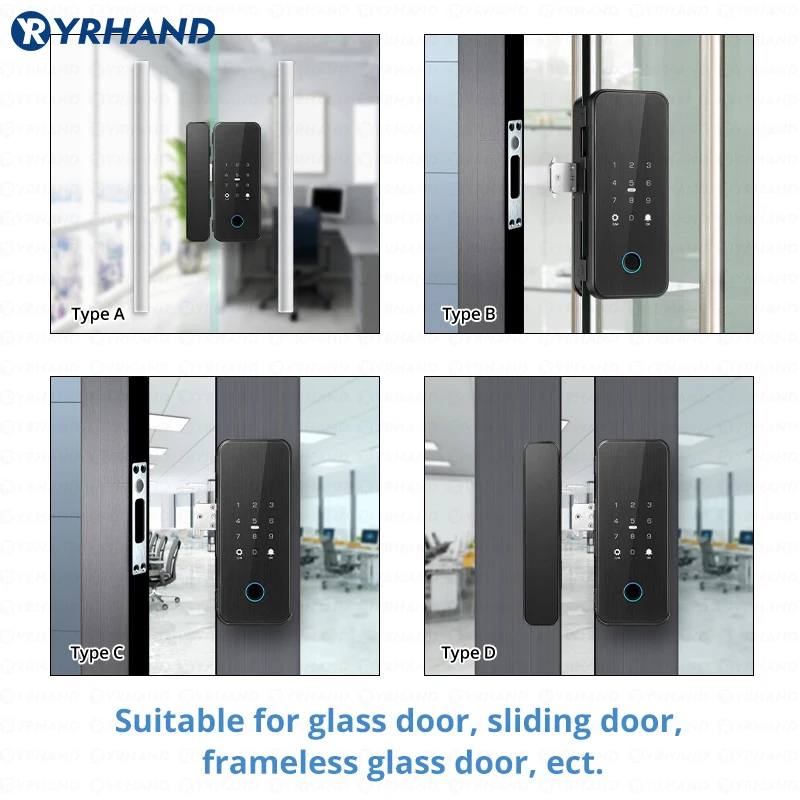 YRHAND Drill free Bluetooth Biometric Fingerprint RFID Card Code Remote Control Tuya App Electronic Smart Glass Door Lock